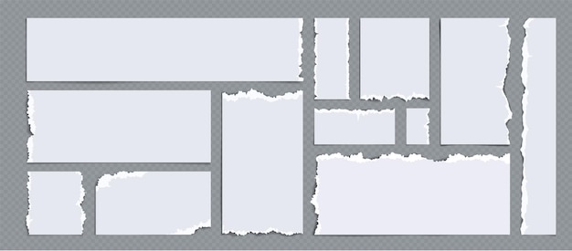 無料ベクター 背景に分離された破れた紙ストリップのセット破れた白いシートの端の空白のリマインダー通知レイアウト部分の使用済みノート ページ廃棄物のリサイクルのためのベクトルの現実的なイラスト