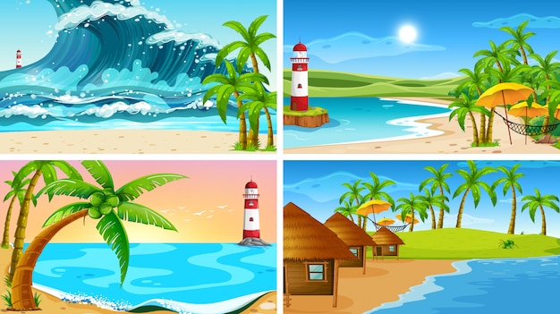 Бесплатное векторное изображение Множество тропических пейзажей с пляжами