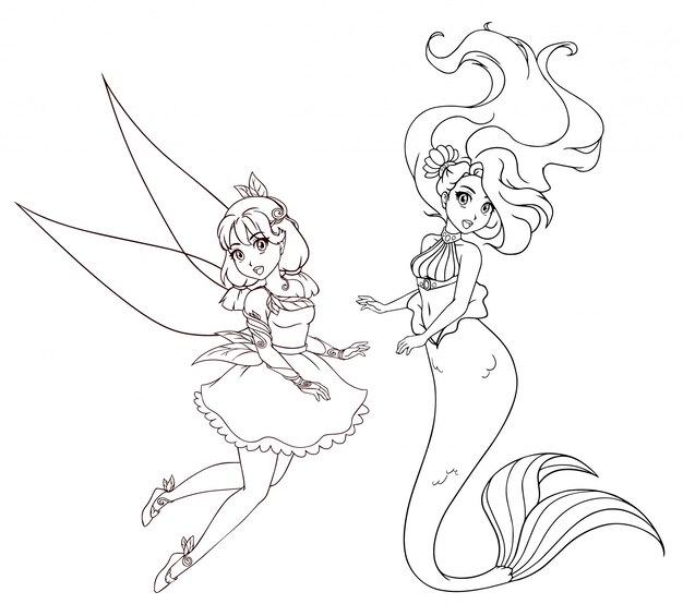 美しい人魚の手描きのイラスト プレミアムベクター