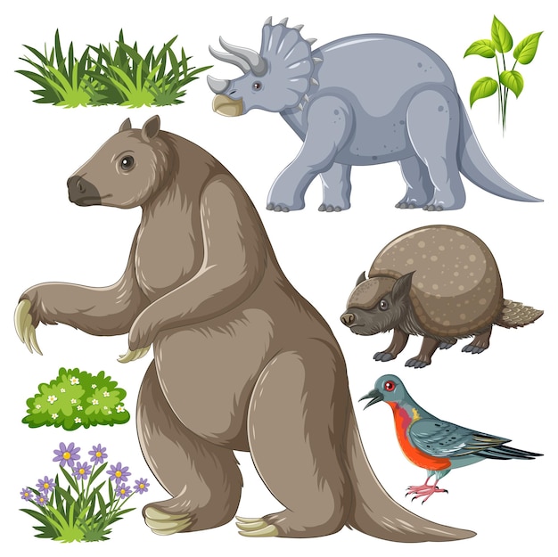 Бесплатное векторное изображение Набор различных вымерших животных