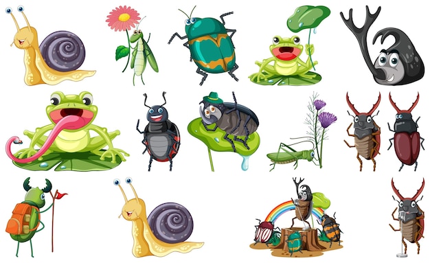 さまざまな昆虫や両生類の漫画のセット