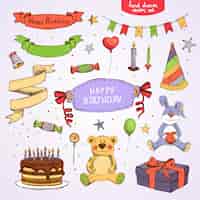 無料ベクター ベクトルの誕生日パーティー要素のセット：ケーキギフトボックステディベア