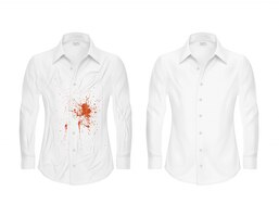 Набор векторных иллюстраций белой рубашки с красным пятном и чистой, до и после химчистки