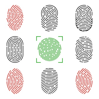 Набор векторных иллюстраций аутентификации отпечатков пальцев безопасности. идентичность пальца, биометрическая иллюстрация технологии. коллекция шаблонов отпечатков пальцев.
