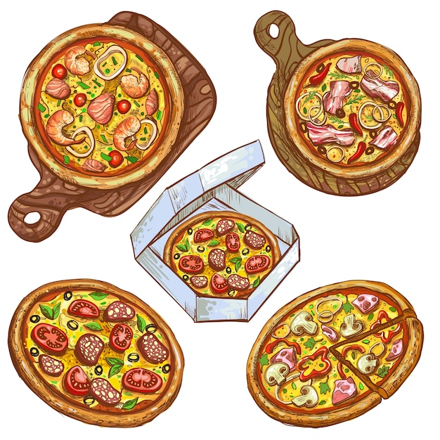 Набор векторных иллюстраций целая пицца и ломтик, пицца на деревянной доске, пицца в коробке для доставки. Бесплатные векторы