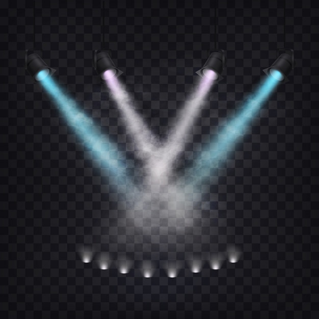 Бесплатное векторное изображение Набор векторных сценических прожекторов в тумане