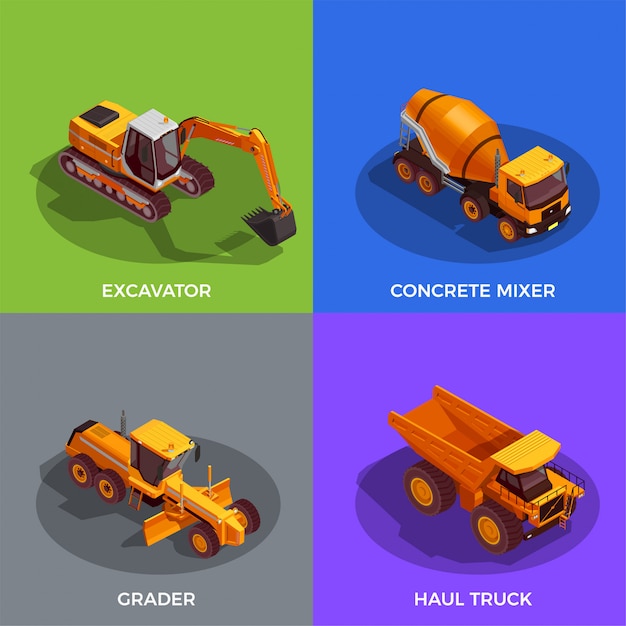 Бесплатное векторное изображение Набор транспортных средств для земляных работ и транспортировки материалов