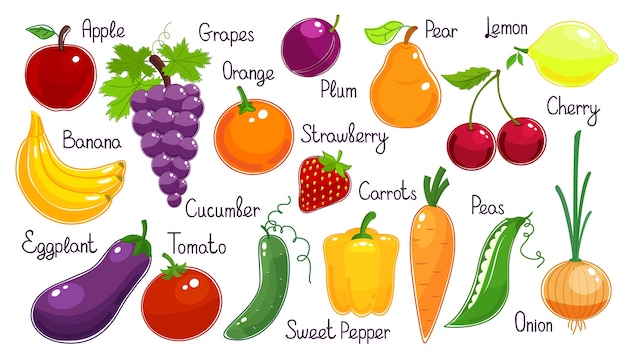 활기찬 다채로운 벡터 과일 및 야채 세트 무료 벡터