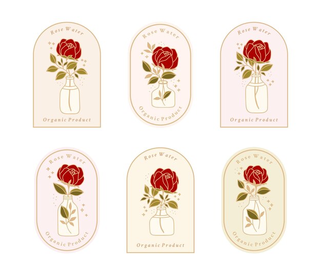 女性のロゴや美容ブランドの手描きヴィンテージゴールド植物バラの花要素のセット プレミアムベクター