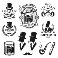 Набор старинных джентльменских эмблем, этикеток, значков и элементов дизайна. монохромный стиль