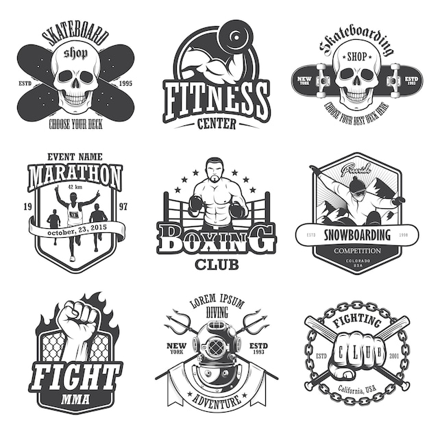 Набор старинных спортивных эмблем, этикеток, значков и логотипов. монохромный стиль