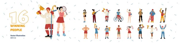 Бесплатное векторное изображение Набор побеждающих людей, спортсменов, чемпионов, победа