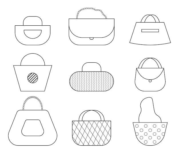 Бесплатное векторное изображение Набор женских роскошных сумок, стильные сумки и кошельки, иллюстрация