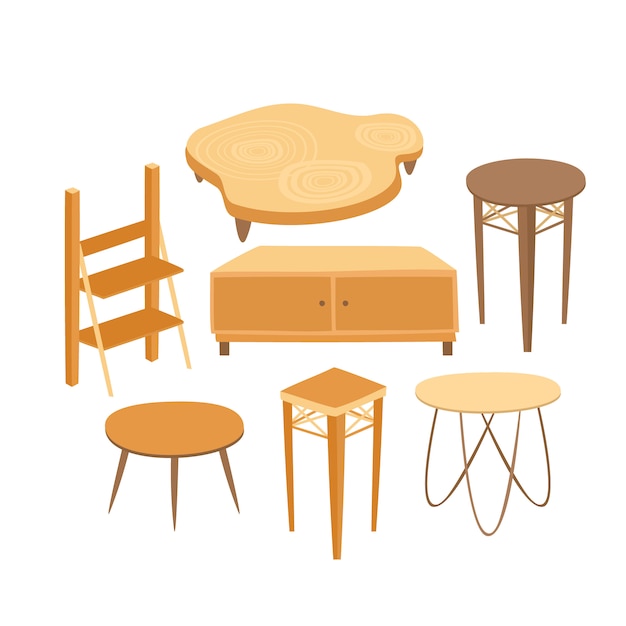 Бесплатное векторное изображение Набор деревянных столов и шкафов для интерьера