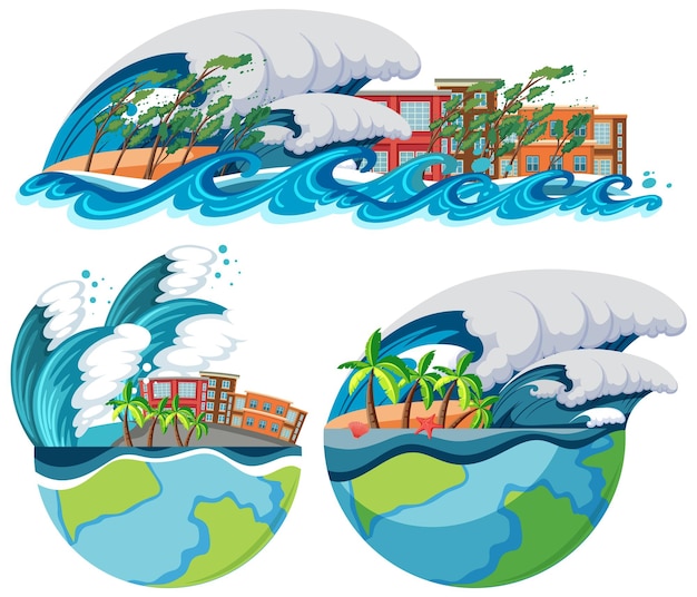 Бесплатное векторное изображение Набор мировой катастрофы от цунами