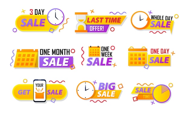 Set of offer sale countdown ribbon counters badges icon sign with big red ribbon sale countdown