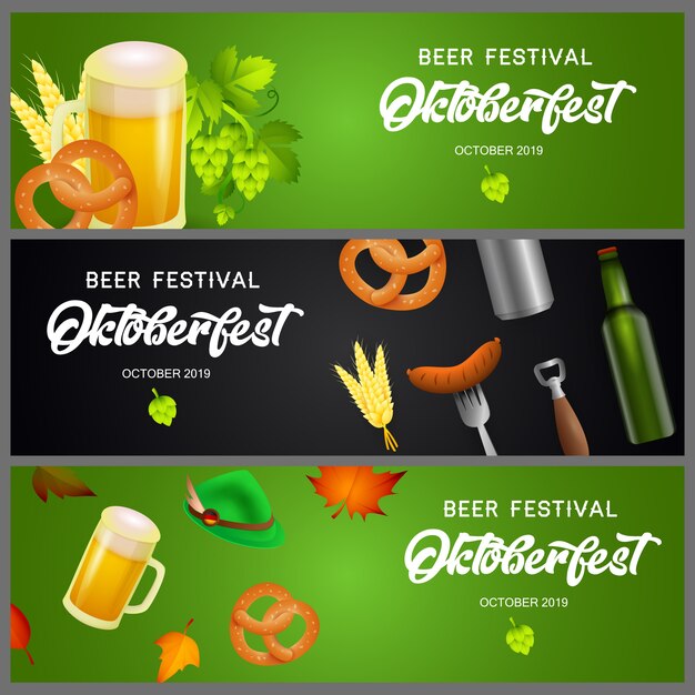 Set of Oktoberfest banners with beer and snacks