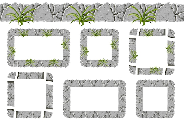 Free vector set of old gray rock border and frames with grass.