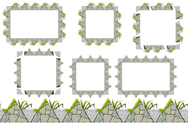 Free vector set of old gray rock border, frames with grass.