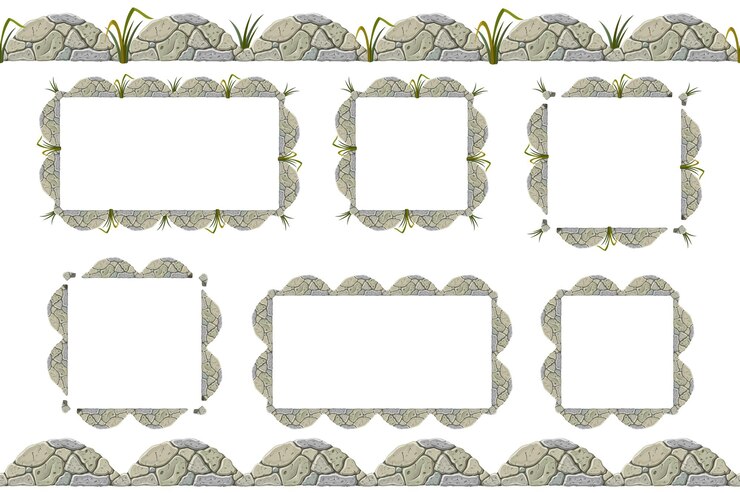 Free Vector set of old gray rock border, frames with grass.