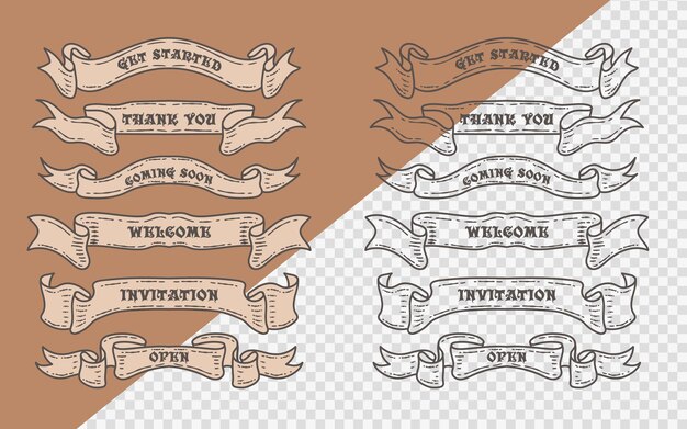 Set of old vintage ribbon banners and drawing in engraving style