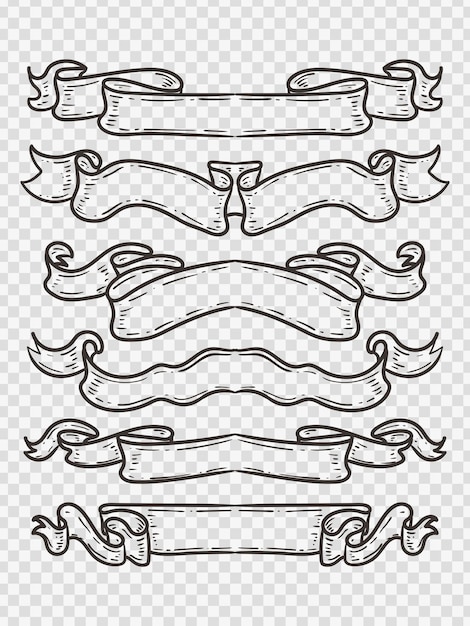 Set of old vintage ribbon banners and drawing in engraving style