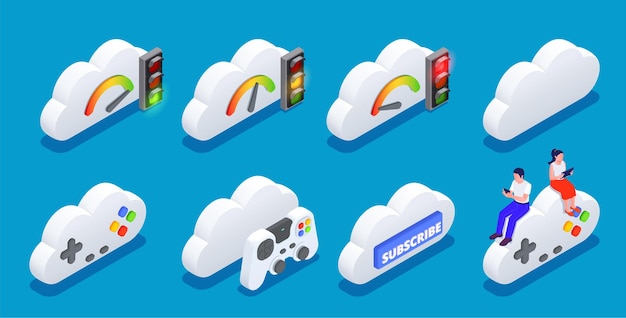 Set of online clouds and gamepads