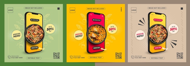 Set of online food promotion with mobile on social media post