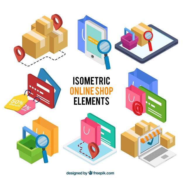 Set of online store elements in isometric style