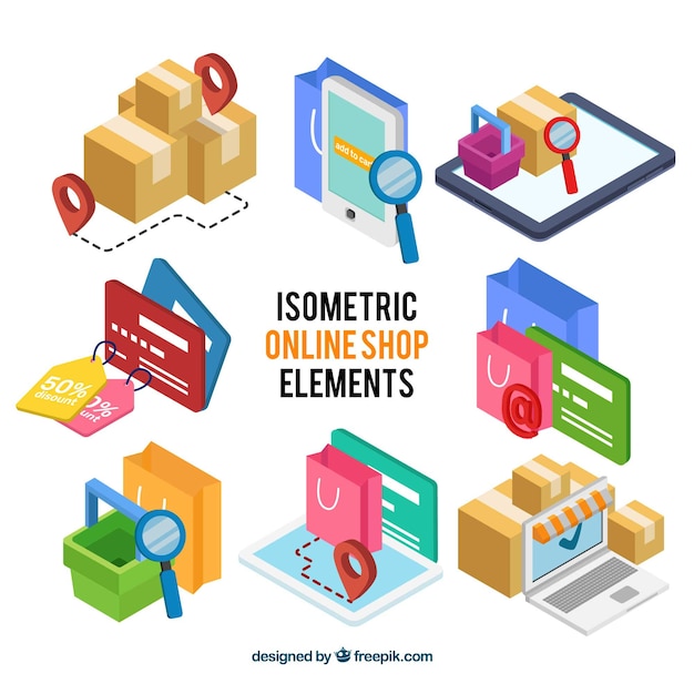 Set of online store elements in isometric style