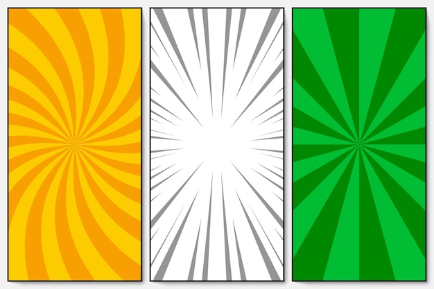 Set of orange, green, white rays and spiral background pop art retro