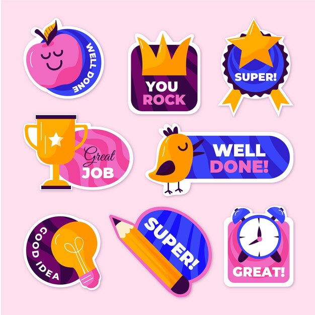 Set of organic flat motivational great job stickers
