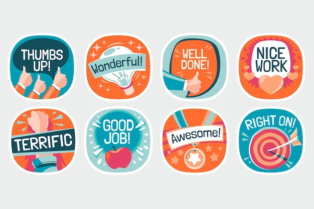 Set of organic flat motivational great job stickers