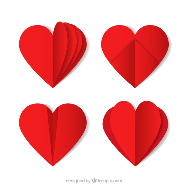 Set of origami red hearts