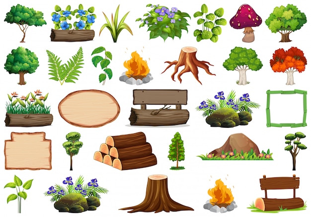 Free vector set of ornamental plants and elements