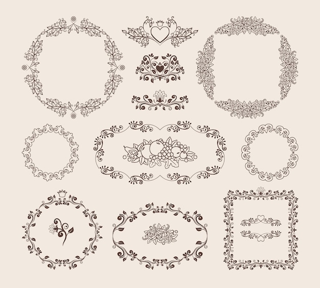 장식 벡터 원형 타원형 및 사각형 프레임 세트