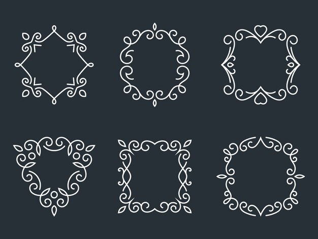 Set of outline monogram frames. Artwork and floral, fashion and graceful.