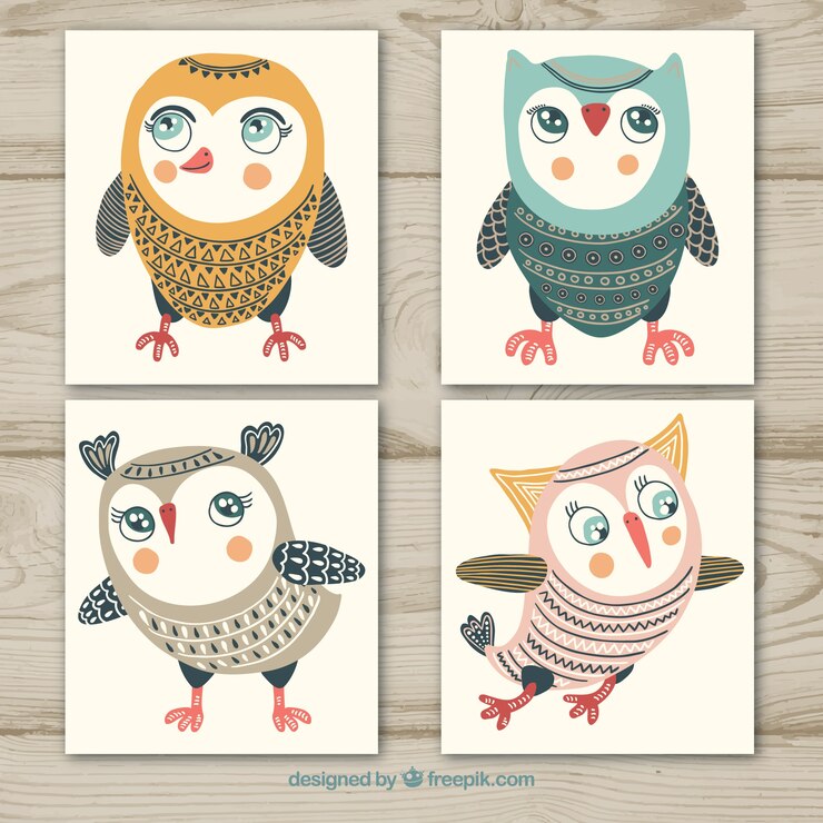 Free Vector set of owls on cards