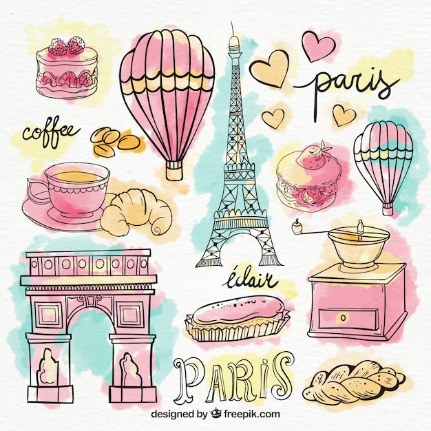 Free vector set of paris elements in watercolors