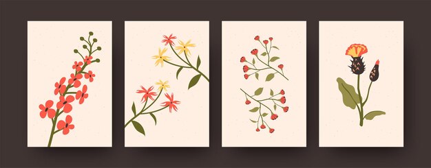 Set of pastel decorative flowers on cards