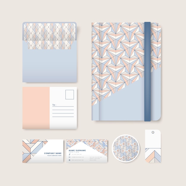 Free vector set of pastel geometric pattern on blue surface stationery