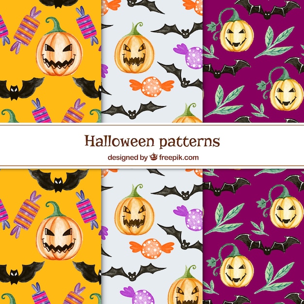 Set of patterns of pumpkins and watercolor bats