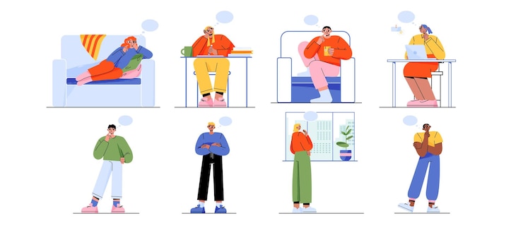 無料Vector 白い背景に分離された物思いに沈んだ人々 のセット