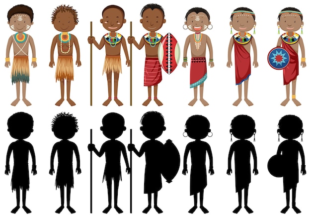 Set of people of african tribes character with its silhouette
