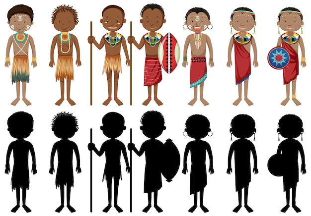 Free vector set of people of african tribes character with its silhouette