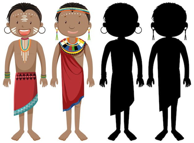 Free vector set of people of african tribes character with its silhouette