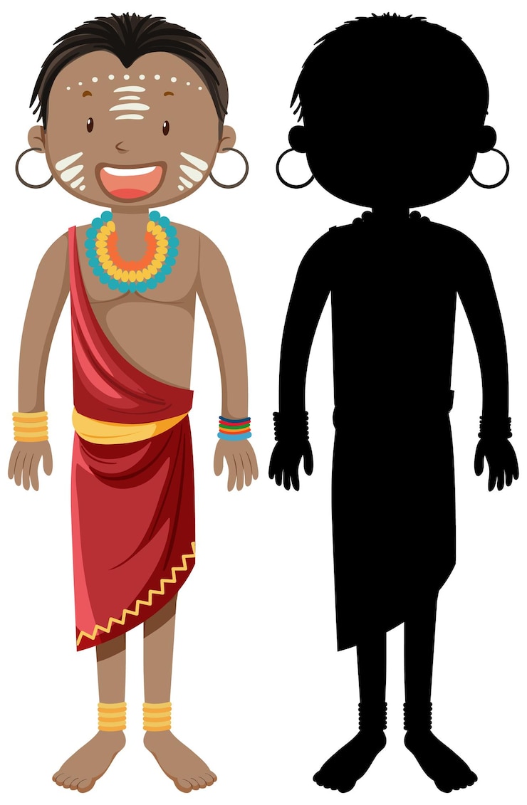 Free Vector set of people of african tribes character with its silhouette