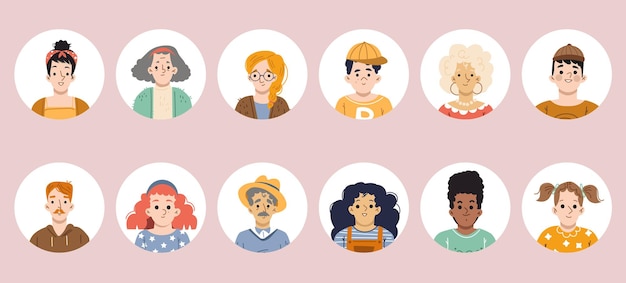 Set di avatar di persone icone rotonde con volti di personaggi maschili e femminili giovani e anziani diversi uomini o donne con diversi colori di capelli bambini adolescenti e ritratti vettoriali piatti per adulti al tratto isolato