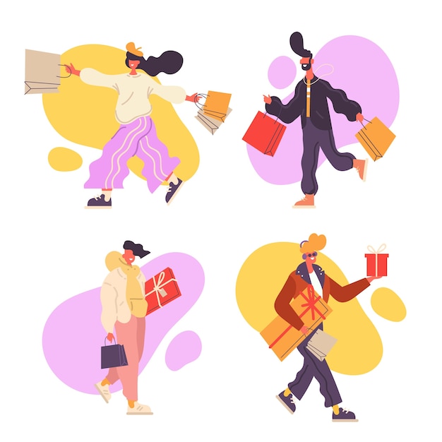 Set of people carrying shopping bags