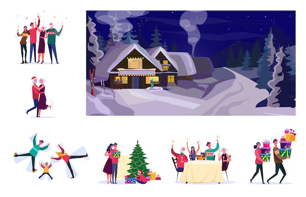 Free vector set of people celebrating christmas